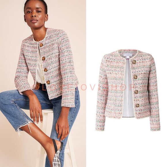 Feminine | Helene Berman for Anthropologie Classic Tweed Jacket | Hot Pink Green - Picture 1 of 7